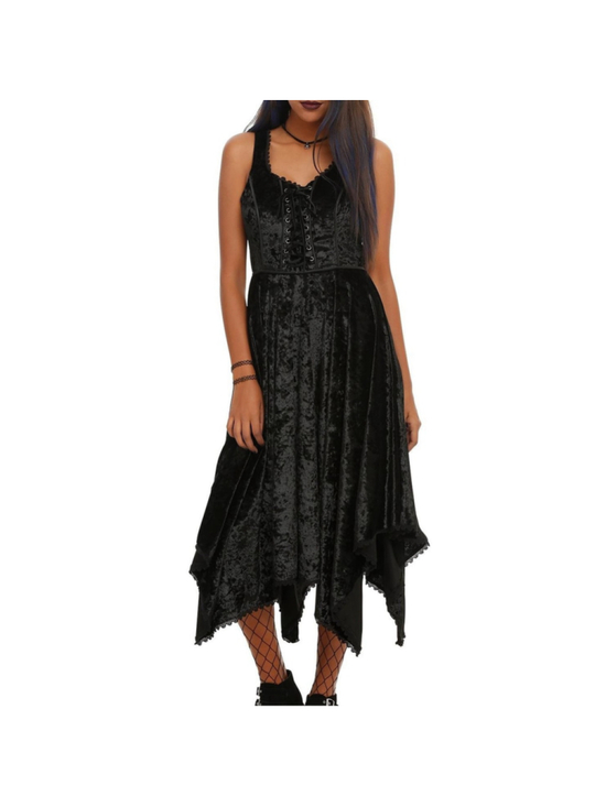 Hot Topic Dresses & Skirts - Hot Topic Crushed Velvet Witchy Corset Dress Medium Black Hanky Hem Whimsigoth